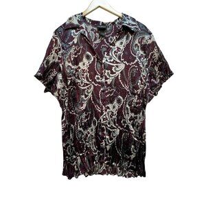 Lane Bryant Womens Crinkle Button Up Shirt Plus Size 26/28 Burgundy Gray Paisley